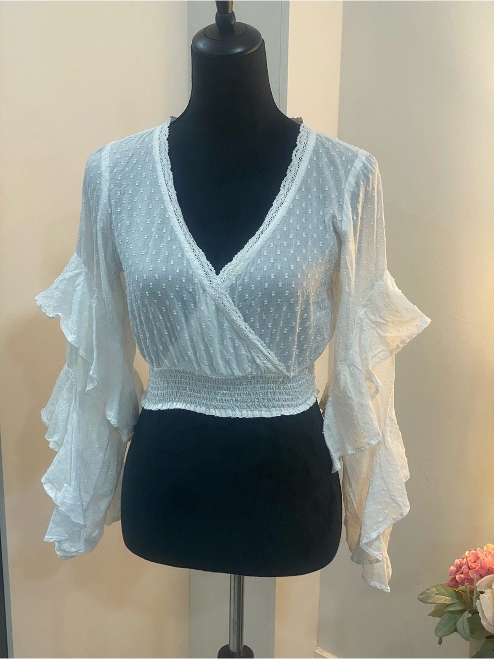 White Swiss-Dot Wrap Crop Top with Smocked Waist and Ruffle Sleeves